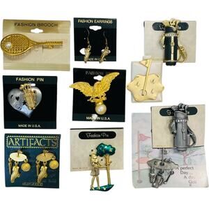 Stella Mixed Jewelry Lot 10pc Brooches Earrings Golf Tennis Sports Theme Resell